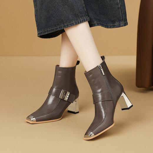 【预售7天】欧美时尚秋冬季金属方头粗跟高跟短靴女及踝靴黑色拉链CX&CX2665-2 商品图1