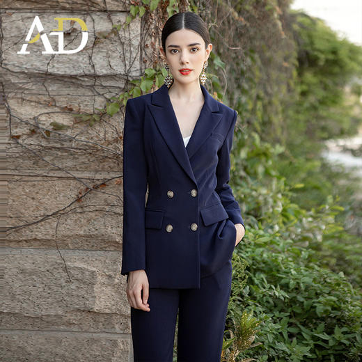 AD工作服套装女职业西装套裤2024新款干练双排扣藏青色主持人正装 商品图1