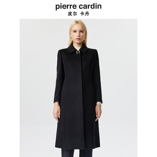 皮尔卡丹女装毛呢外套小翻领黑色中长款羊毛正肩大衣P3408C3895B0
 商品图0