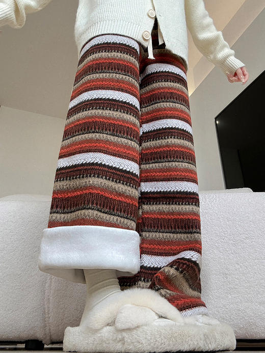 【复古毛呢条纹裤】秋冬新款 加绒裤子高腰垂感直筒裤 慵懒休闲阔腿裤  商品图4