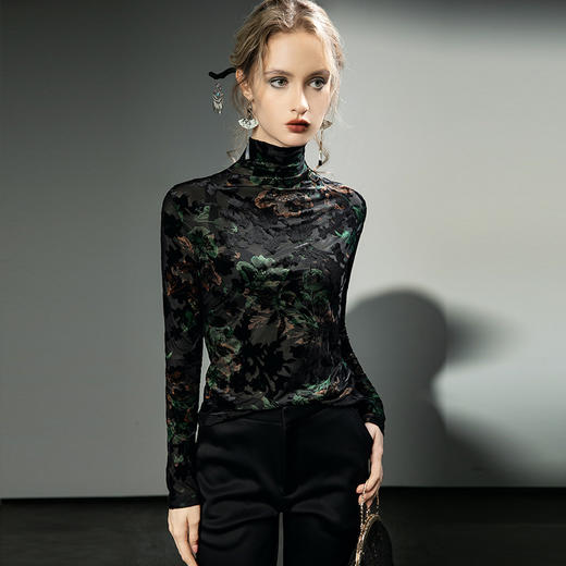 F20245311国风刺绣提花长袖秋冬新款气质打底上衣弹力修身新中式高领小衫 商品图1