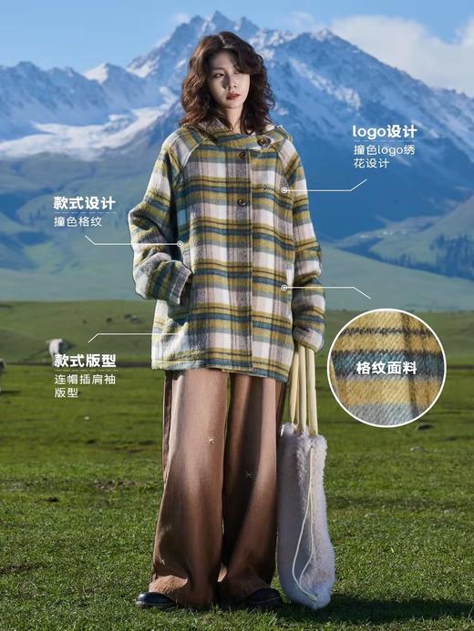 马得工地/MDGDDY244442/圣诞款格纹撞色刺绣连帽插肩袖宽松大衣 商品图1