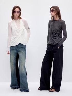 出逃赤岗西/24AWT109/设计感交叉荡领天丝羊毛修身长袖T恤