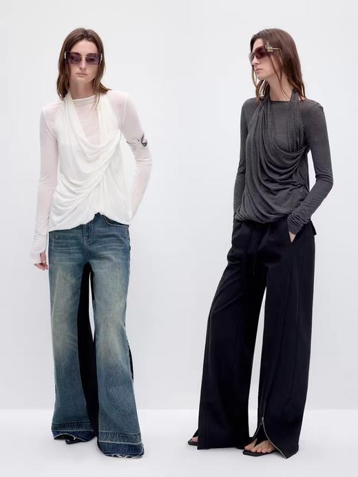 出逃赤岗西/24AWT109/设计感交叉荡领天丝羊毛修身长袖T恤 商品图0