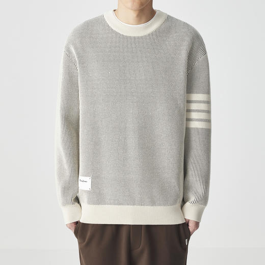 墨麦客男装多麦绒撞色圆领针织衫冬季新款条纹提花加厚宽松毛衣男 商品图0