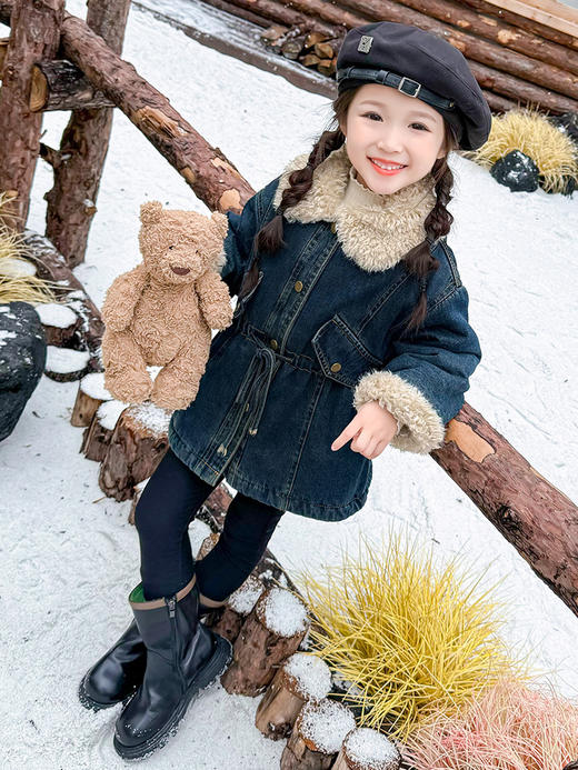 【新款加绒牛仔外套，温暖舒适，韩版时尚收腰设计】女童加绒牛仔外套 秋冬新款 洋气儿童加厚收腰上衣 韩版宝宝冬装外套-QQ 商品图1