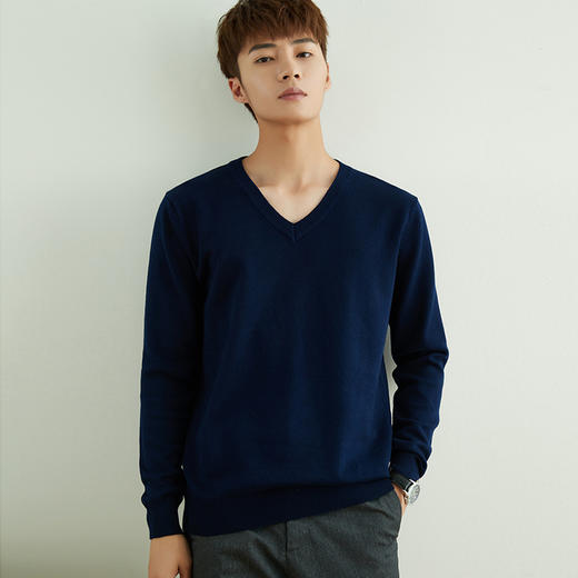 秋冬新款260支男士毛衣V领纯色外穿针织衫薄款宽松线衫 商品图0