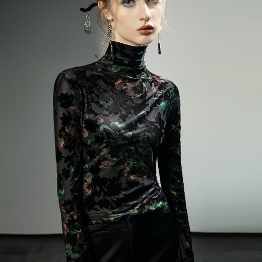 F20245311国风刺绣提花长袖秋冬新款气质打底上衣弹力修身新中式高领小衫 商品图4