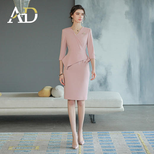 AD高级感粉色职业连衣裙女假两件工作服职业装高端前台接待工装裙 商品图0