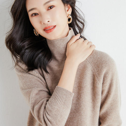 新款 2024套头秋冬季韩版高领气质通勤粘纤纯色褐色针织毛衣女 商品图3