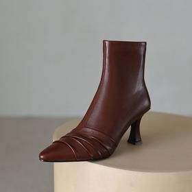 【预售5天】柔软头层羊皮高跟短靴女及裸靴秋冬新款尖头褶皱细跟侧拉链时装短筒靴HB&8816