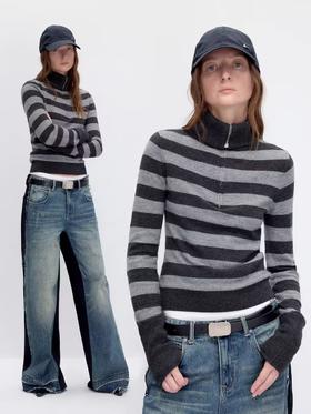 出逃赤岗西/24AWM55/复古撞色条纹澳羊毛半拉链高领套头修身内搭毛针织衫