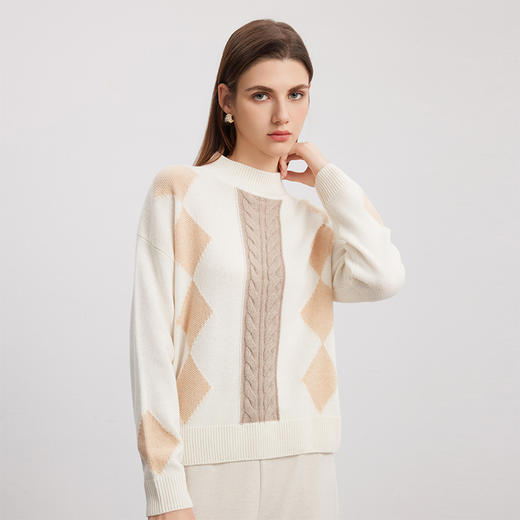 【半高领菱形绞花毛衣】羊绒世家秋冬新品女士100%山羊绒内搭保暖毛衣 商品图1