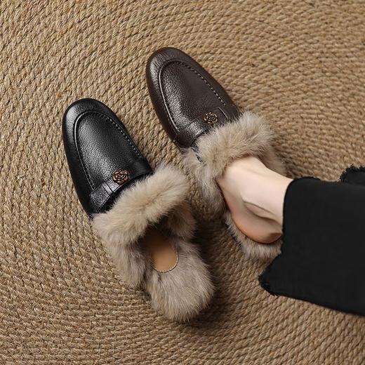【预售5天】兔毛真皮毛毛拖鞋，山茶花加绒保暖包头穆勒鞋粗跟半拖鞋NGMZR&7951 商品图0
