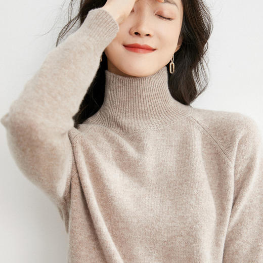 新款 2024套头秋冬季韩版高领气质通勤粘纤纯色褐色针织毛衣女 商品图1