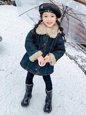 【新款加绒牛仔外套，温暖舒适，韩版时尚收腰设计】女童加绒牛仔外套 秋冬新款 洋气儿童加厚收腰上衣 韩版宝宝冬装外套-QQ