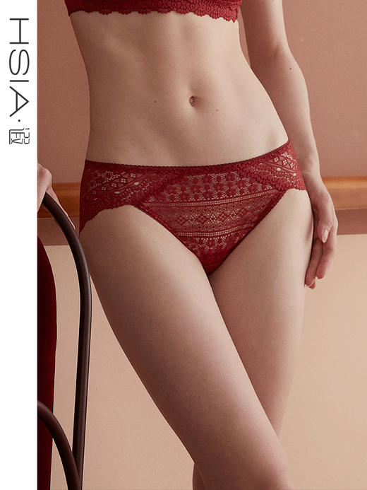 遐中腰无痕平角裤秋冬性感全蕾丝包臀纯棉裆结婚本命年红色内裤女 商品图0