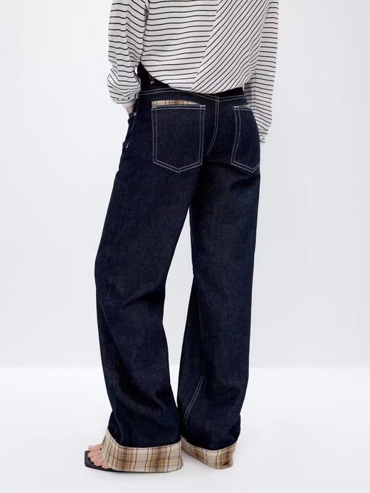 出逃赤岗西/24AWN73/复古深蓝色拼接格纹中低腰卷边牛仔直筒长裤 商品图2