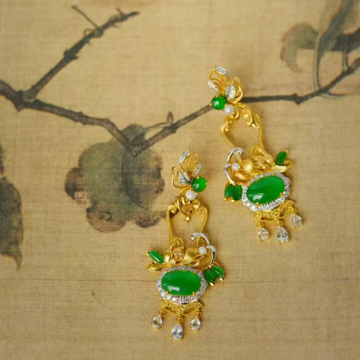 龢盒原创 满庭芳 冰阳翡翠蛋面蝶莲耳坠耳环 商品图2