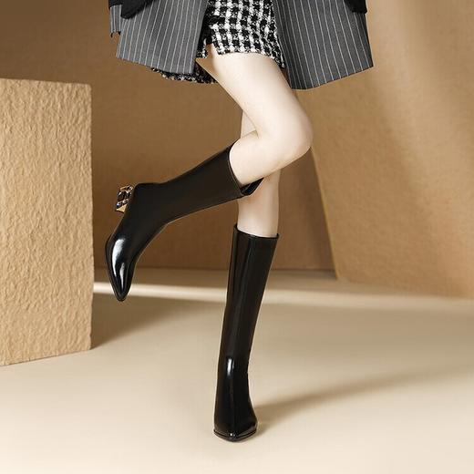 【预售5天】秋冬新款真皮女靴尖头中跟彩钻水晶跟高筒靴后拉链马丁靴DS&1305-1 商品图1