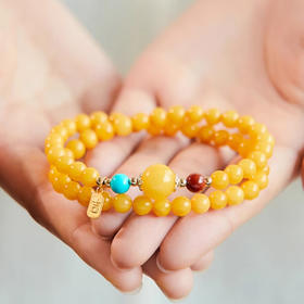 【经典】福运绵长天然鸡油黄老蜜蜡双圈手串6mm  天然宝石手链琥珀首饰带证书