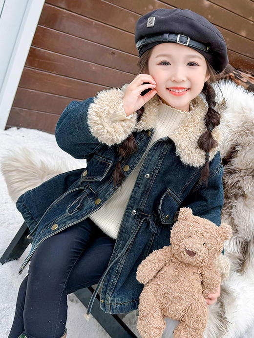 【新款加绒牛仔外套，温暖舒适，韩版时尚收腰设计】女童加绒牛仔外套 秋冬新款 洋气儿童加厚收腰上衣 韩版宝宝冬装外套-QQ 商品图4