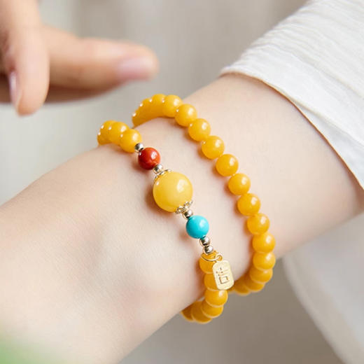 【经典】福运绵长天然鸡油黄老蜜蜡双圈手串6mm  天然宝石手链琥珀首饰带证书 商品图2