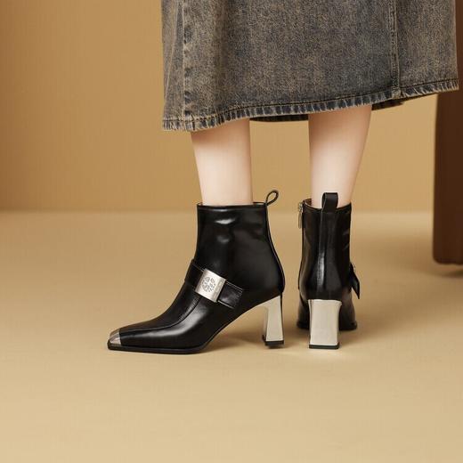 【预售7天】欧美时尚秋冬季金属方头粗跟高跟短靴女及踝靴黑色拉链CX&CX2665-2 商品图3