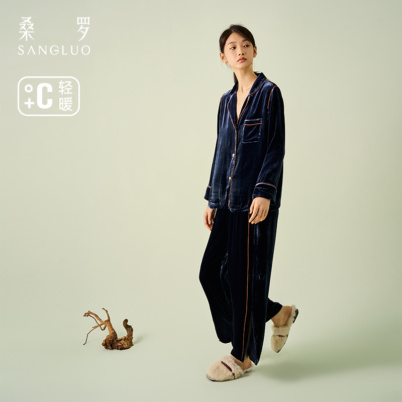 桑罗丝绒桑蚕丝睡衣套装女秋冬新款撞色流苏腰带高级居家服