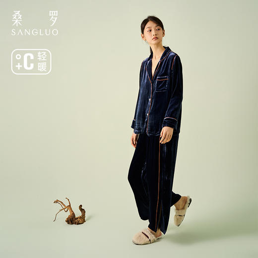 桑罗丝绒桑蚕丝睡衣套装女2024年秋冬新款撞色流苏腰带高级居家服 商品图0