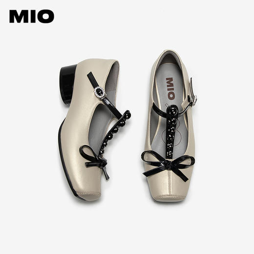MIO米奥时尚甜美芭蕾风玛丽珍鞋T型带中粗跟女单鞋M251441025 商品图3