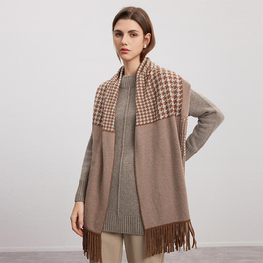【羊毛撞色围巾】24年秋冬新品女士百搭加厚保暖格纹撞色流苏披肩 商品图2