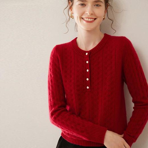 【自】全新升级【铂金会员514/天猫689/差价175】(34654) 洛诗琳圆领加厚山羊绒女镂空毛衣秋冬长袖套头羊绒针织衫 商品图3