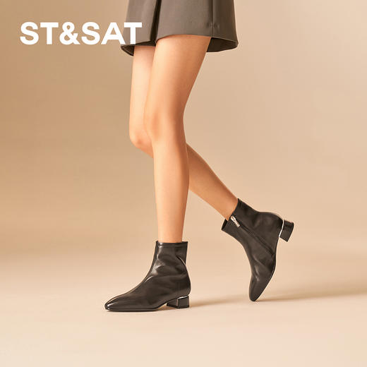 星期六摩登时尚尖头粗跟短靴SSC4116P0H 商品图1