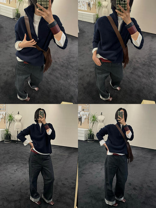 HIDEMI 澳洲进口美利奴羊毛藏蓝色拉链立领厚款廓形大毛衣 商品图1