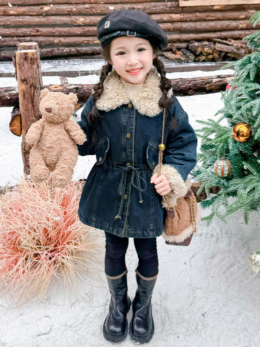 【新款加绒牛仔外套，温暖舒适，韩版时尚收腰设计】女童加绒牛仔外套 秋冬新款 洋气儿童加厚收腰上衣 韩版宝宝冬装外套-QQ 商品图2