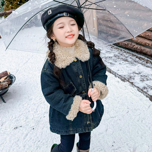 【新款加绒牛仔外套，温暖舒适，韩版时尚收腰设计】女童加绒牛仔外套 秋冬新款 洋气儿童加厚收腰上衣 韩版宝宝冬装外套-QQ 商品图5