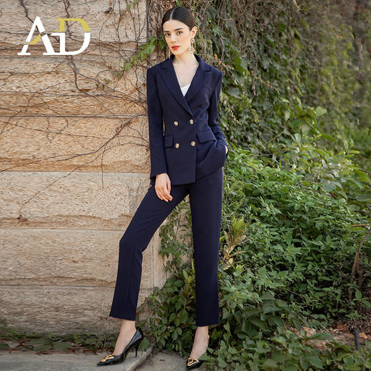 AD工作服套装女职业西装套裤2024新款干练双排扣藏青色主持人正装 商品图2