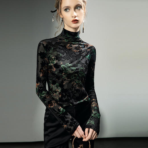 F20245311国风刺绣提花长袖秋冬新款气质打底上衣弹力修身新中式高领小衫 商品图2