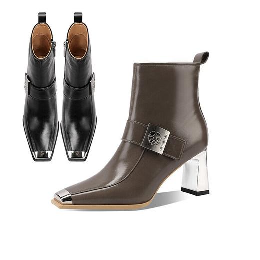 【预售7天】欧美时尚秋冬季金属方头粗跟高跟短靴女及踝靴黑色拉链CX&CX2665-2 商品图4