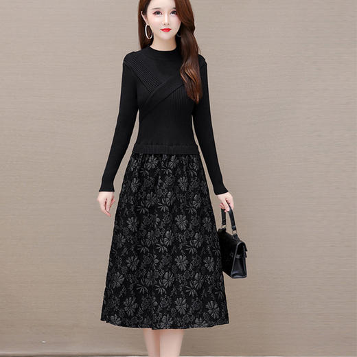 【气质针织长袖连衣裙】秋冬新款洋气假两件女装高端精致打底裙子 商品图1