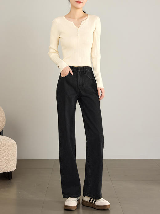 【年货节】熙世界复古杏色阔腿牛仔裤2025秋季新款宽松休闲窄版直筒长裤子 商品图3