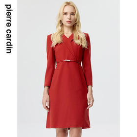 皮尔卡丹女装连衣裙春季新款休闲酒红色羊毛西装裙P3348E3929C0
