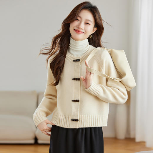 丁摩 羊毛牛角扣针织开衫女秋冬装洋气配裙子毛衣外套4ZF-9165 商品图1