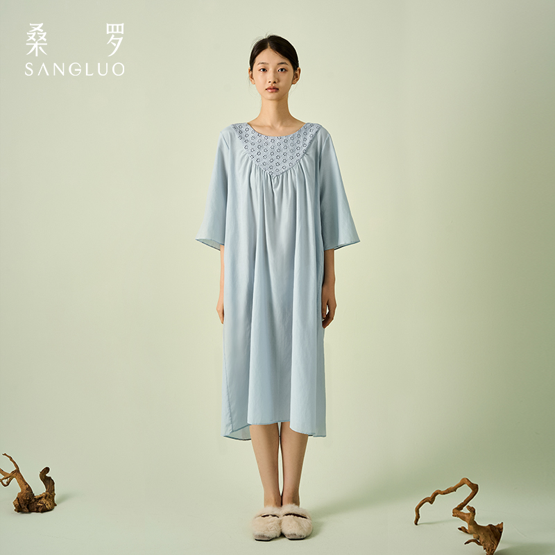 桑罗法式长袖连衣裙女2024年新款精致绣花桑蚕丝宫廷风睡裙