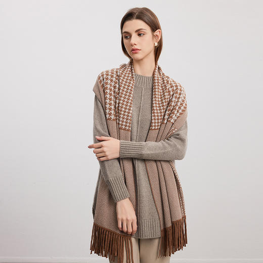 【羊毛撞色围巾】24年秋冬新品女士百搭加厚保暖格纹撞色流苏披肩 商品图0