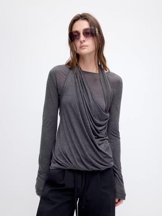 出逃赤岗西/24AWT109/设计感交叉荡领天丝羊毛修身长袖T恤 商品图1