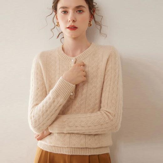 【自】全新升级【铂金会员514/天猫689/差价175】(34654) 洛诗琳圆领加厚山羊绒女镂空毛衣秋冬长袖套头羊绒针织衫 商品图0