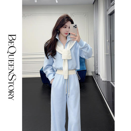 余潇潇【蔚蓝心晴】加绒高领拉链针织衫披肩上衣&拼色直筒裤三件套 商品图3