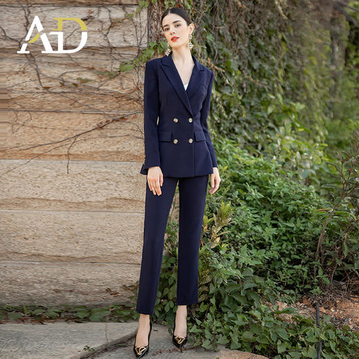 AD工作服套装女职业西装套裤2024新款干练双排扣藏青色主持人正装 商品图0